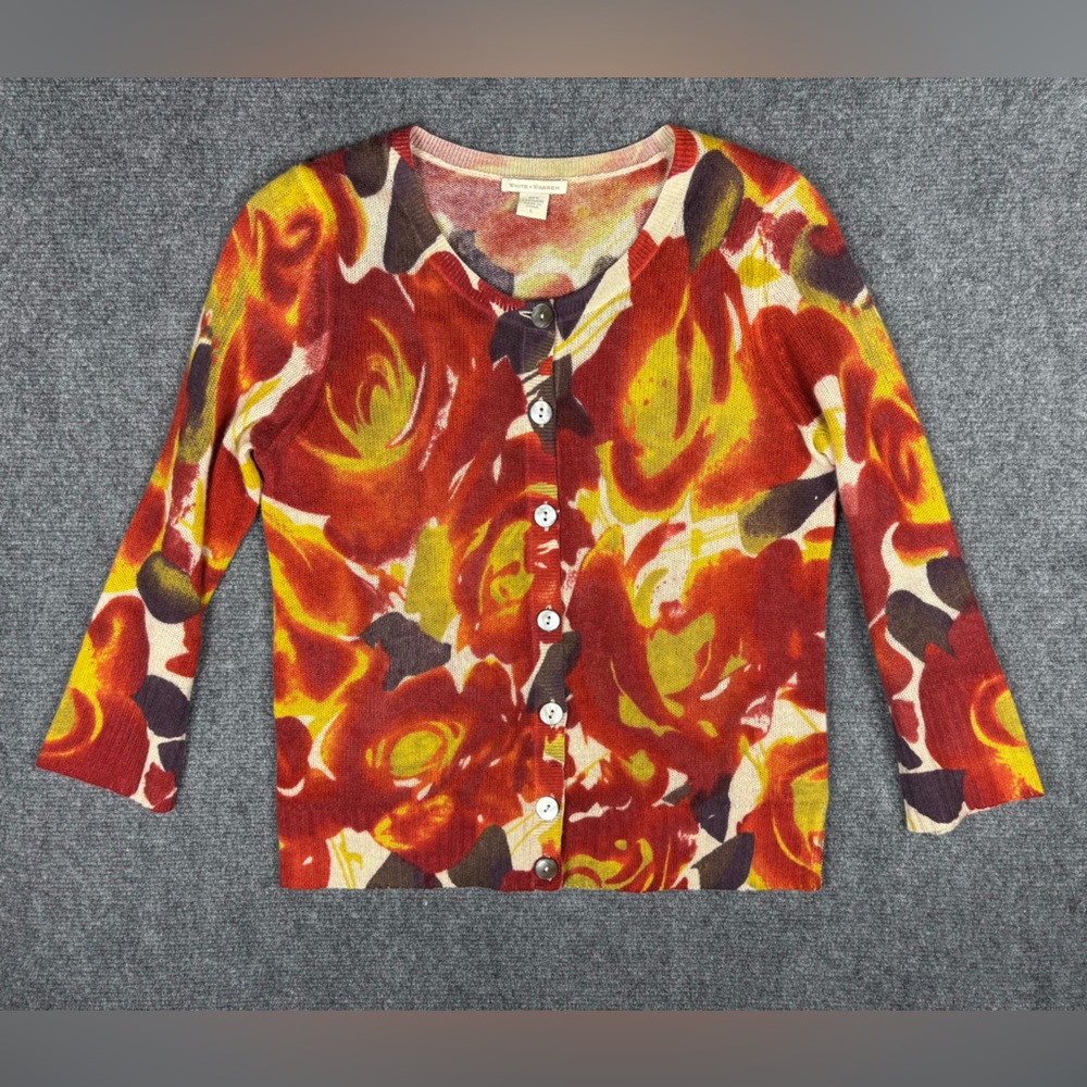 White + Warren 100% Cashmere Floral Button Front Lightweight Cardigan L